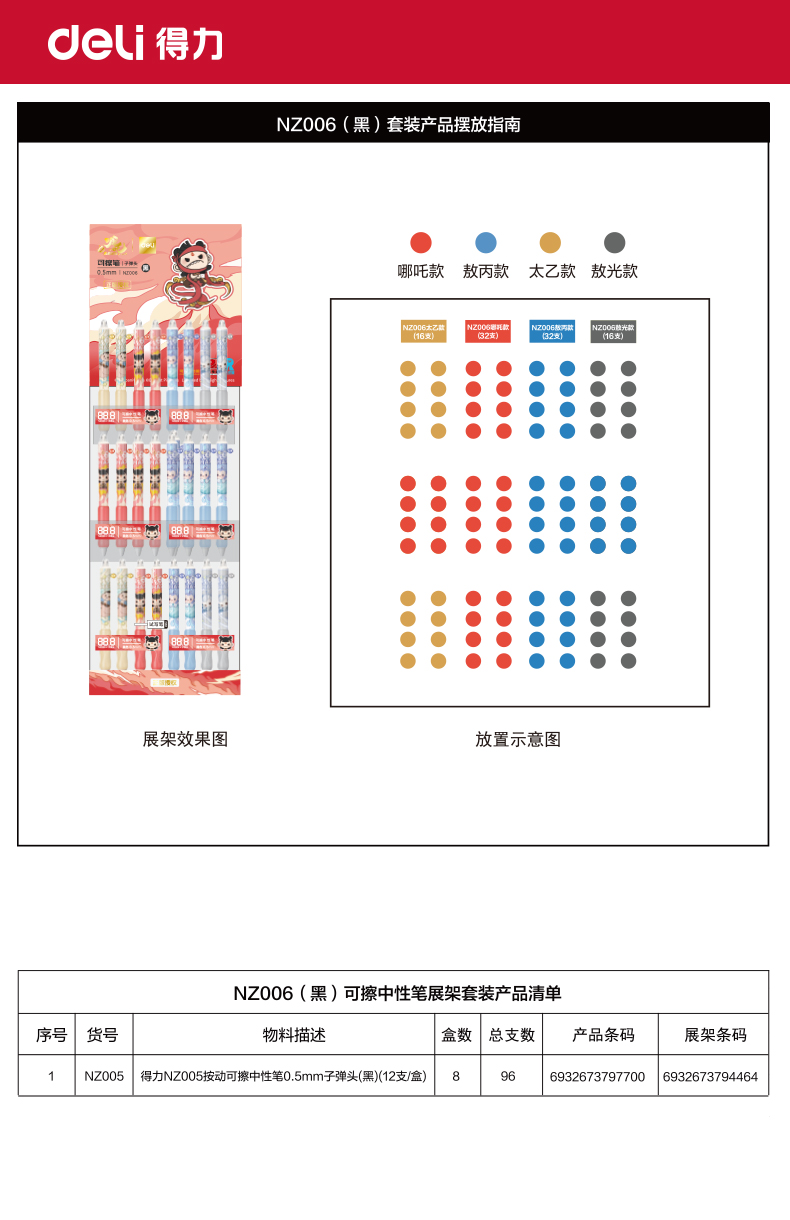 大众娱乐NZ006哪吒可擦中性笔展架套装0.5mm子弹头(黑)(96支/架)